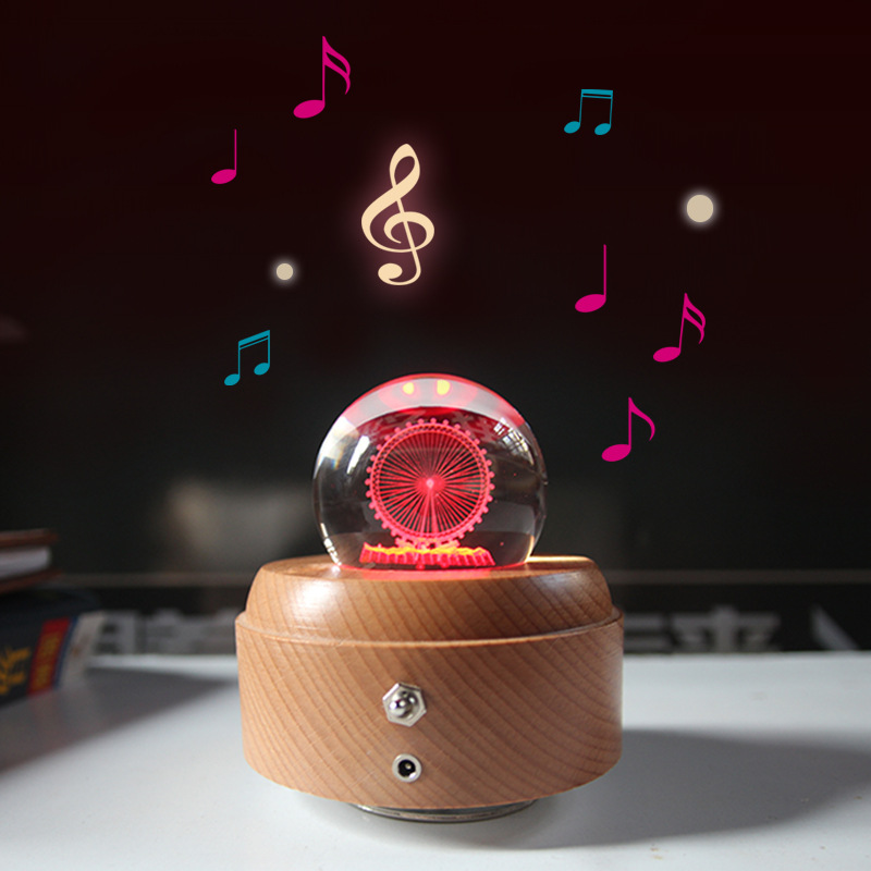 Creative Music Box Luminous Crystal Ball Music Box Rotating Wooden Base Wood crafts