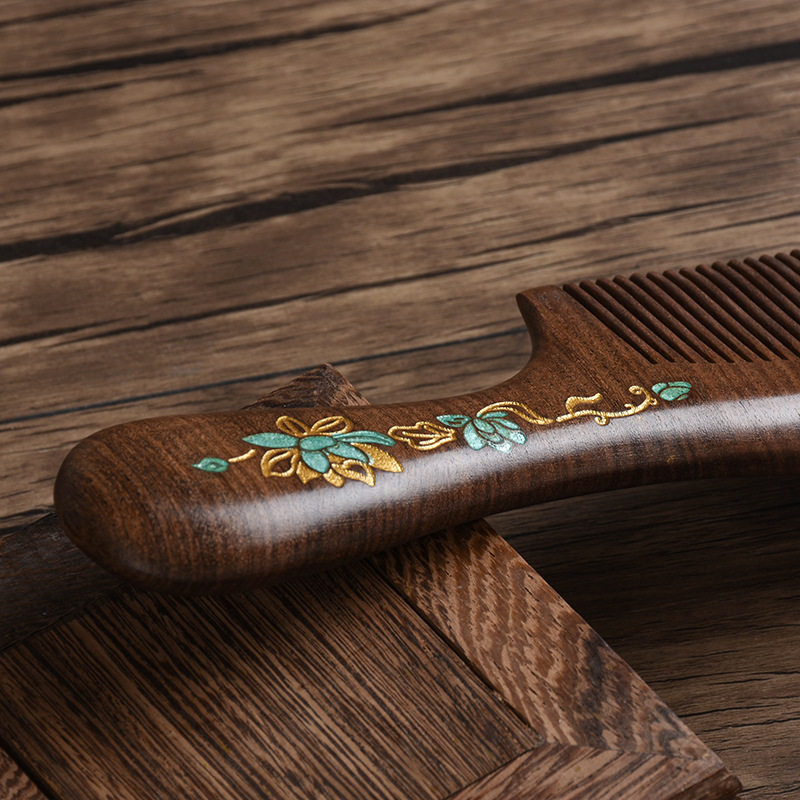 Ebony Wooden Comb Sub Golden Sandalwood Extended Handle Handmade Creative Color Painted Wood crafts