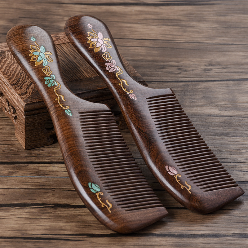 Ebony Wooden Comb Sub Golden Sandalwood Extended Handle Handmade Creative Color Painted Wood crafts