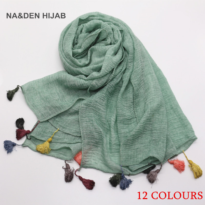 Hot sale plain solid tassels soft foulard muslim hijab women scarf branch  luxury bandana wraps shawls muffler