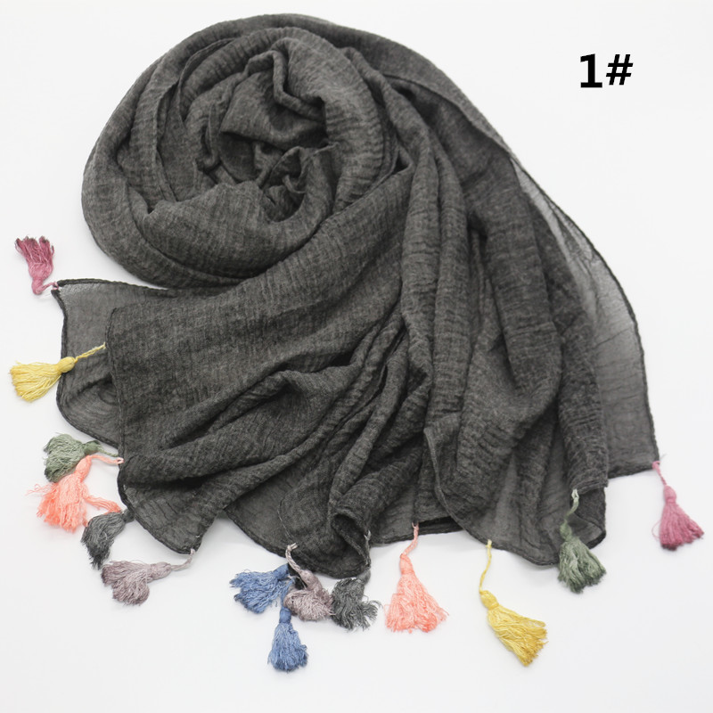 Hot sale plain solid tassels soft foulard muslim hijab women scarf branch  luxury bandana wraps shawls muffler