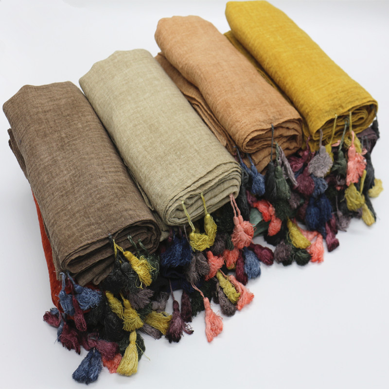 Hot sale plain solid tassels soft foulard muslim hijab women scarf branch  luxury bandana wraps shawls muffler