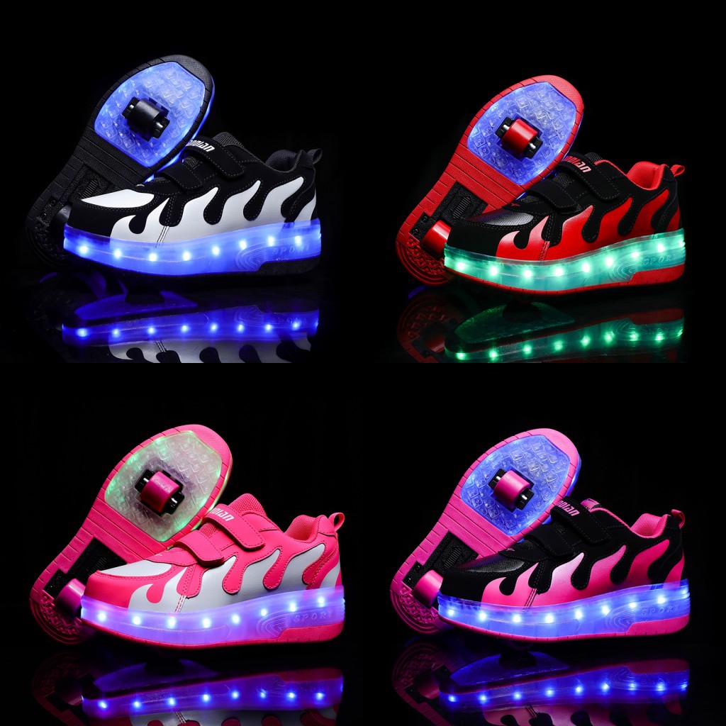 Cross-Border Supply Light-Emitting Two-Wheel Heelys Led Charging Skate Shoes Boys and Girls Shoes Cow Walking Shoes Rollerskate