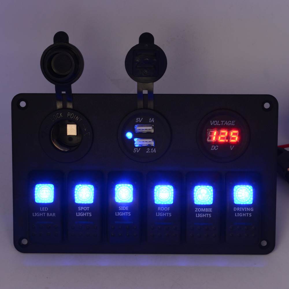 Car RV Wheel Boat 6pin Multi-Function Switch Panel Modified Car USB Cigarette Lighter Seat Digital Display Voltmeter