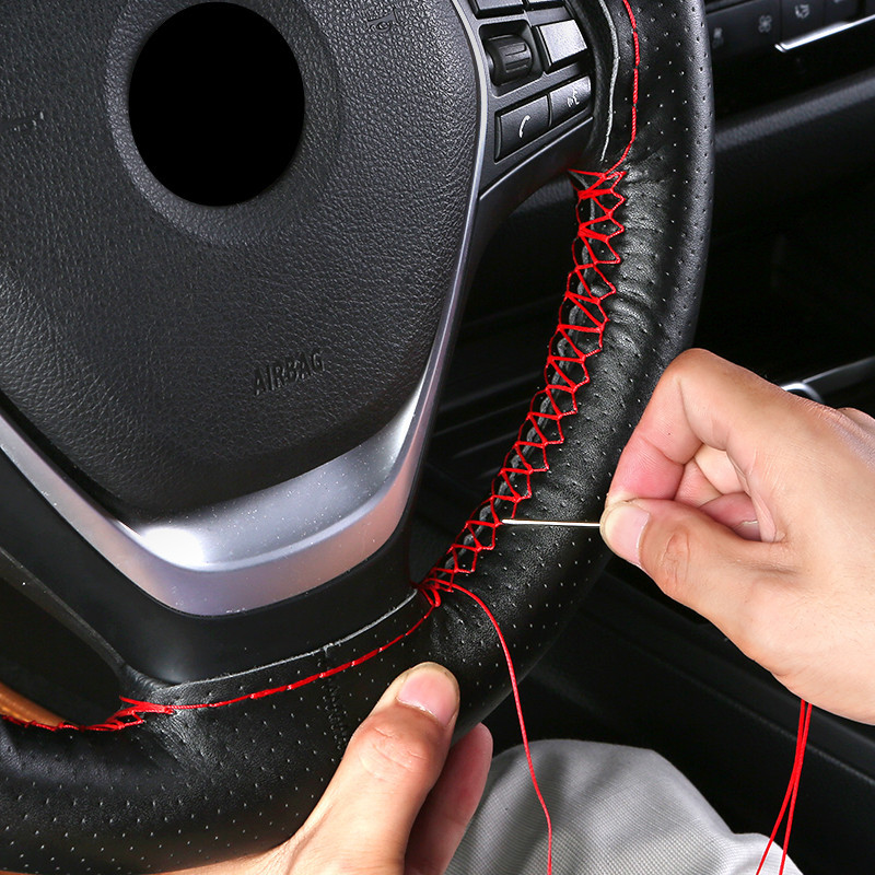 Leather Hand-Stitched Steering Wheel Cover Car Steering Wheel Cover Non-Slip and Wear-Resistant