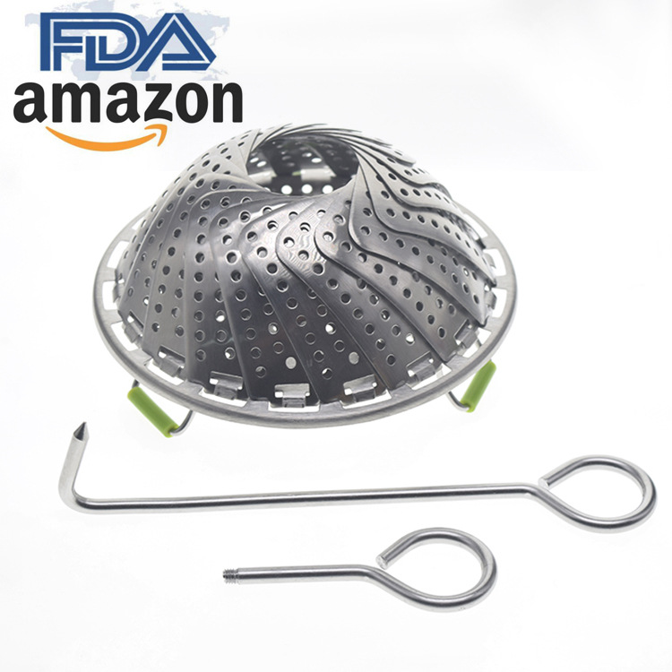 Kitchen Tools 9-Inch Stainless Steel Folding Steamer Water Filter Plate round Handle with Hook Retractable