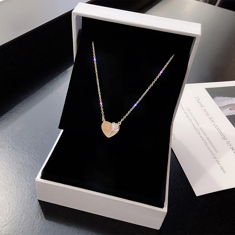 Korean Classic Stylish Graceful Simple Love Heart-Shape Lock Rose Gold Clavicle Chain Short Chain Qixi Gift Necklace for Women