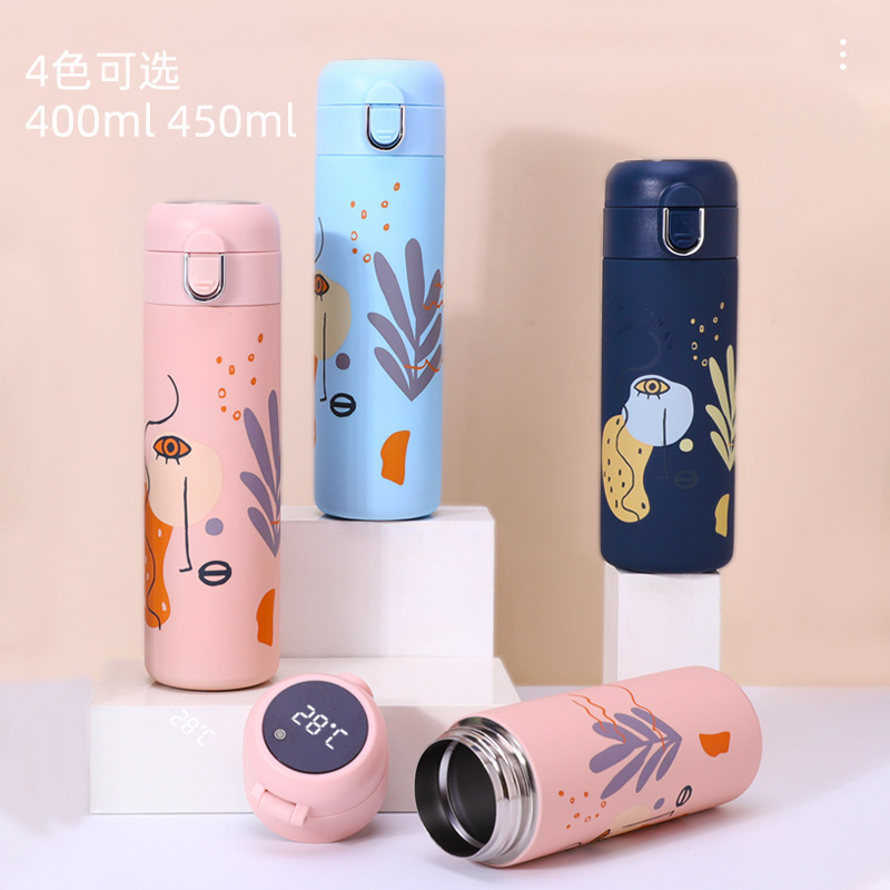 Intelligent Digital Display Vacuum Cup 304 Stainless Steel Bounce Cover Temperature Cup with Switch Male and Female Student Couple Pea Cup
