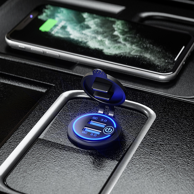 New Dual USB Car Charger Automobile Motorcycle Boat Waterproof Modified Car Charger Double Qc30 with Touch Switch