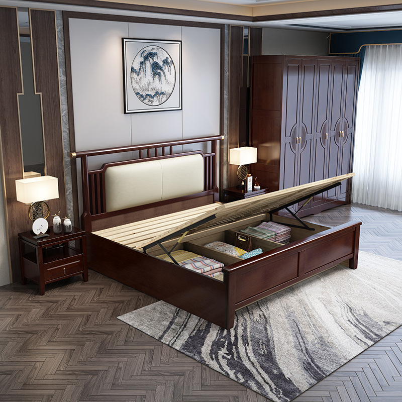 New Chinese Rubber Wood Adult&#039;s Bed 1.5 Bedroom Soft Cushion Double 1.8 M Solid Wood Bed High Box Air Pressure Factory Direct Sales