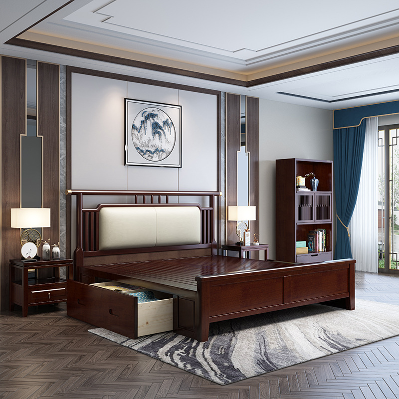 New Chinese Rubber Wood Adult&#039;s Bed 1.5 Bedroom Soft Cushion Double 1.8 M Solid Wood Bed High Box Air Pressure Factory Direct Sales