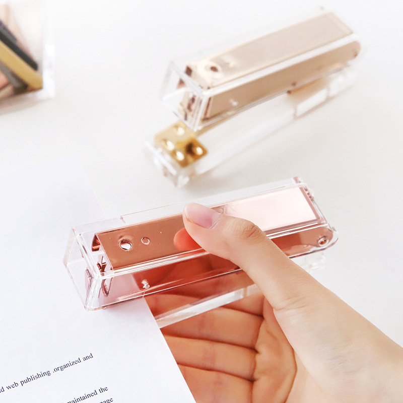 Yunmuzahuo Transparent Acrylic Stapler Rose Gold Stapler Nail Puller Document Binding Office Supplies