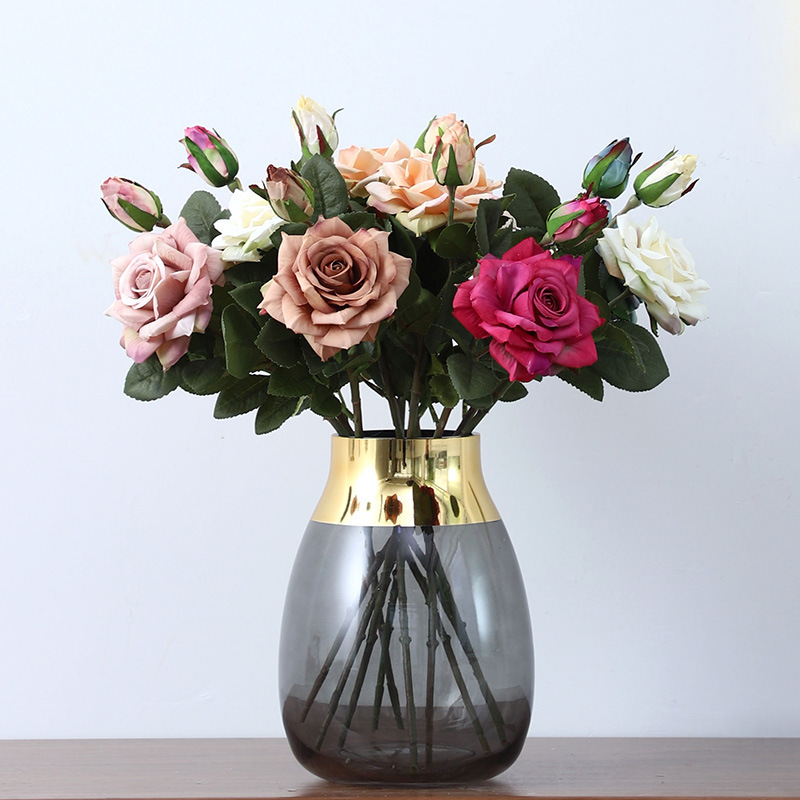 Artificial Flower 2 Heads Moist Feeling Roses Hotel Home Decoration Fake Bouquet Photography Props Display Silk Flower