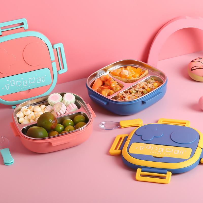 Children&#039;s Stainless Steel with Cover Tape Tableware Children&#039;s Student Lunch Box School Canteen Portable Lunch Box