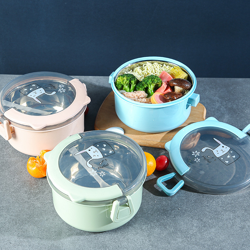 Student Stainless Steel Double Layer round Insulation Lunch Box Tape Handle Convenient Instant Noodle Box Work Anti-Scald Bento Box