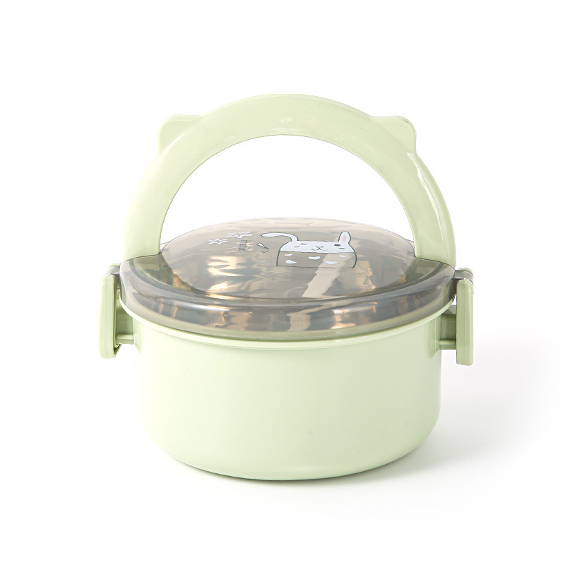 Student Stainless Steel Double Layer round Insulation Lunch Box Tape Handle Convenient Instant Noodle Box Work Anti-Scald Bento Box