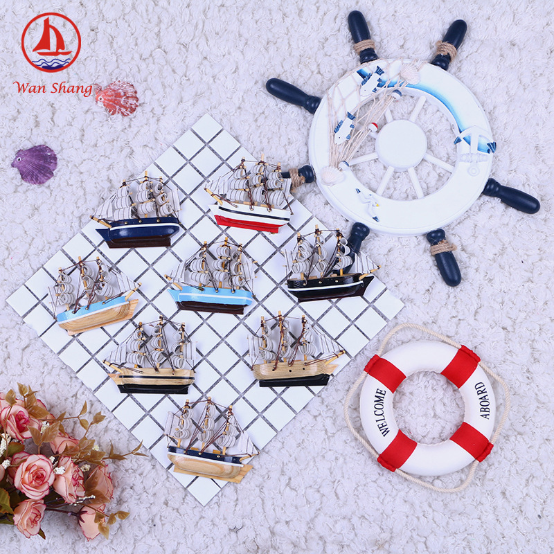 Wooden Sailing Model Solid Wood Sailing Fridge Magnet Mediterranean Handmade Craft Home Furnishings Ornaments