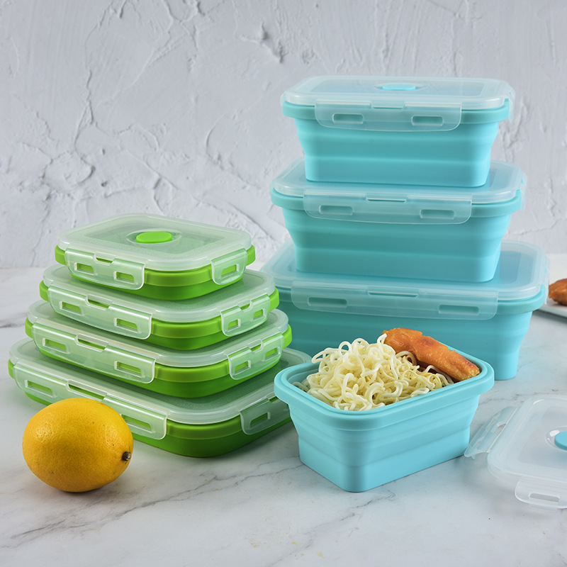 Rectangular Folding Silicone Lunch Box Sealed Crisper Microwave Bento Box Portable Silicone Folding Lunch Box Set