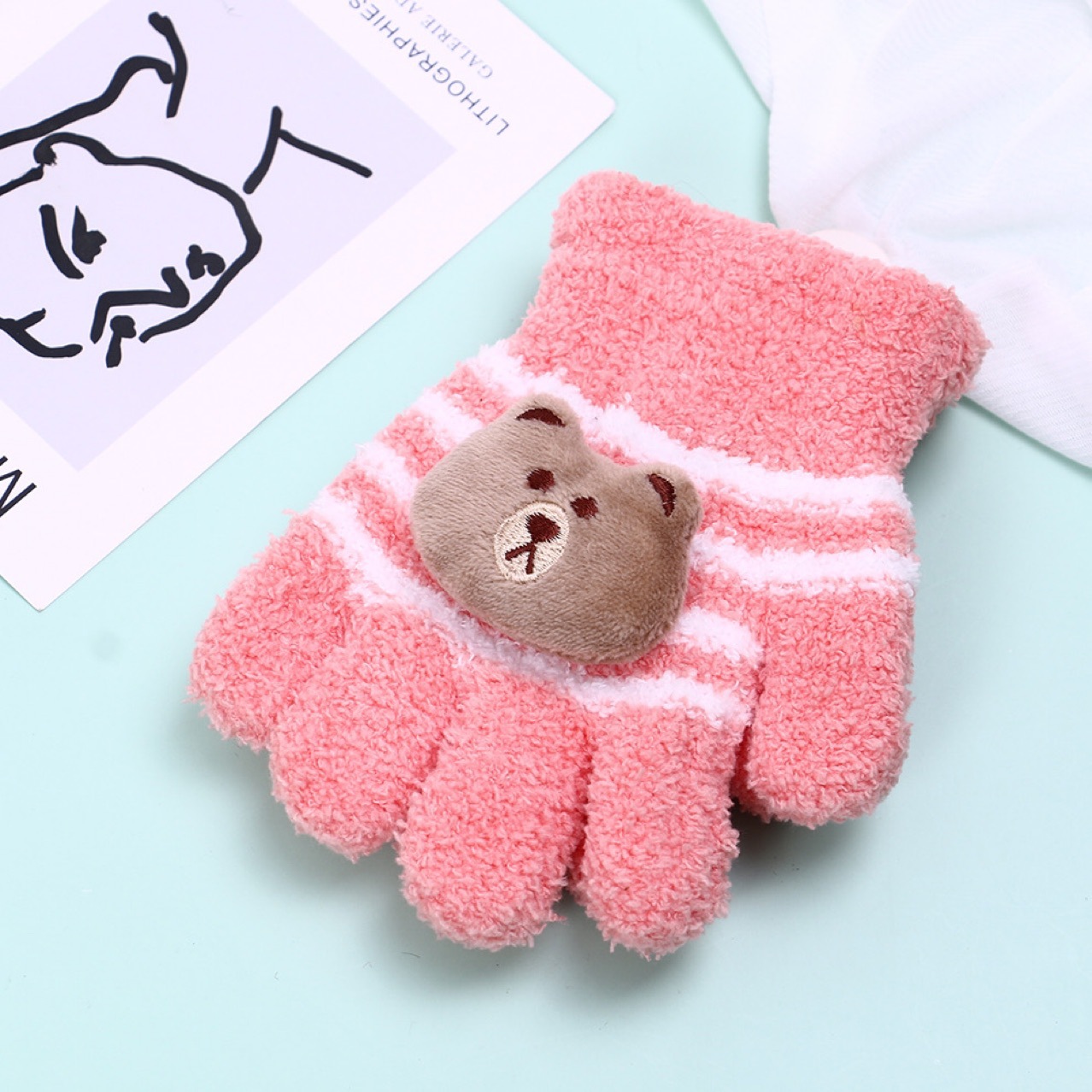 Applique Animal Cute Baby Winter Girls&#039; Korean-Style Children&#039;s Double-Layer Warm and Cute Five-Finger Gloves