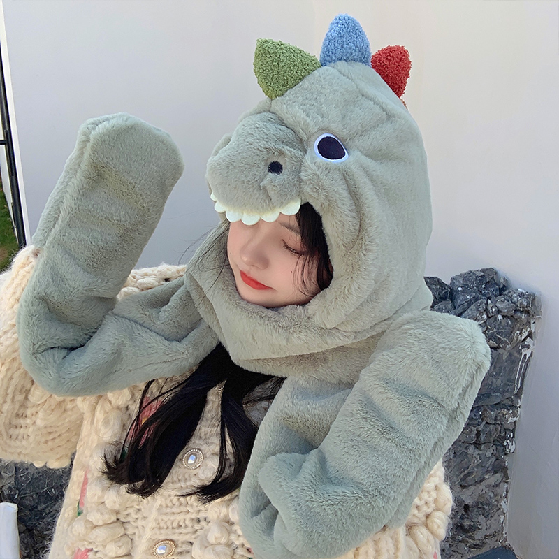 Little Dinosaur Hat Scarf Integrated Women&#039;s Autumn and Winter Korean Warm Cute Plush Ear Protection Cartoon Gloves Three-Piece Set