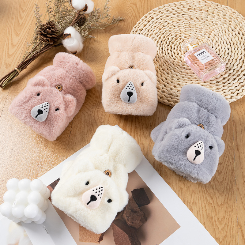 Women&#039;s Gloves Winter Warm Flip Play Game Plush Double Layer Thick Embroidery Half Finger Gloves Cartoon Gloves
