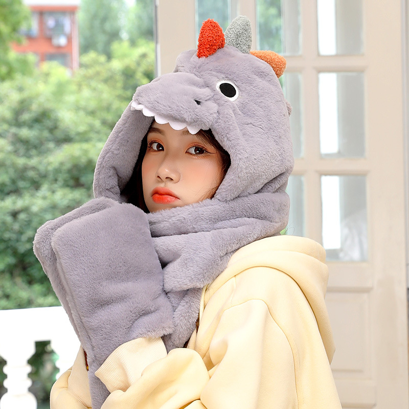 Hat Scarf Integrated Women&#039;s Autumn and Winter Korean Warm Cute Little Dinosaur Plush Ear Protection Cartoon Gloves Three-Piece Set