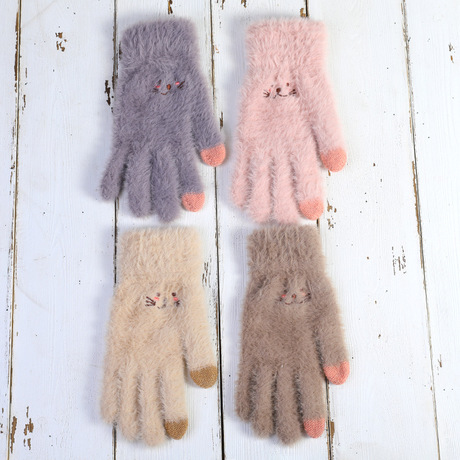 Knitting Wool Gloves Women&#039;s Winter Warm Korean Style Cute Thickening Plush Student Japanese Style Soft Girl Five-Finger Touch Screen Sub-Finger