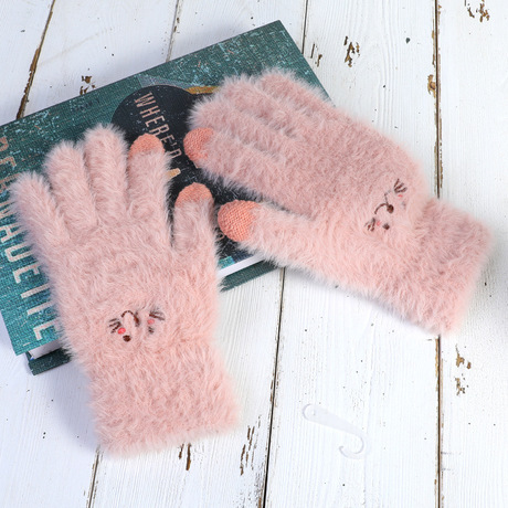 Knitting Wool Gloves Women&#039;s Winter Warm Korean Style Cute Thickening Plush Student Japanese Style Soft Girl Five-Finger Touch Screen Sub-Finger