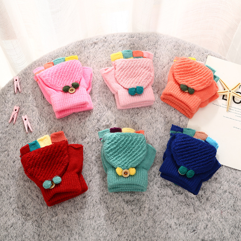 Half-Finger Gloves Children&#039;s Men and Women&#039;s Autumn and Winter New Neutral Cartoon 10-Pin Bean Sprouts Flip Gloves Wholesale