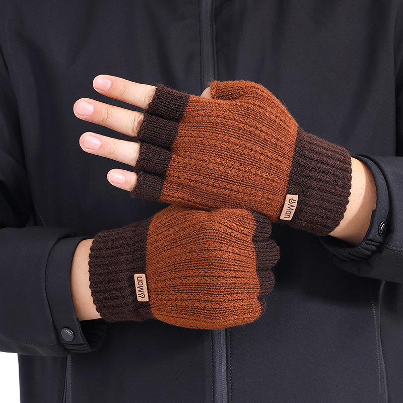 Men&#039;s Half-Finger Gloves Autumn and Winter Warm Boys Student Writing Open Finger Knitted Wool Cold-Proof New