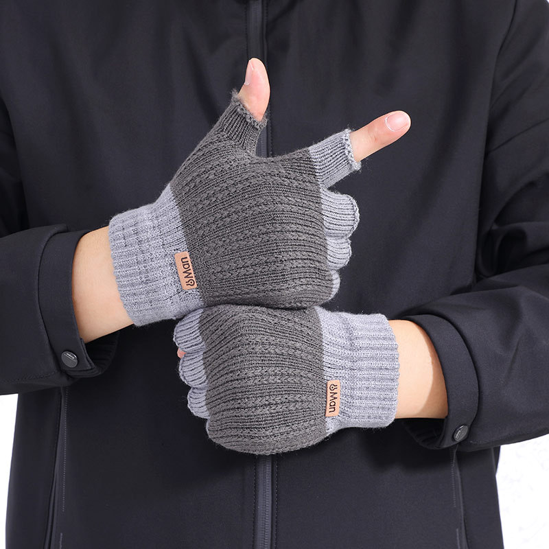 Men&#039;s Half-Finger Gloves Autumn and Winter Warm Boys Student Writing Open Finger Knitted Wool Cold-Proof New