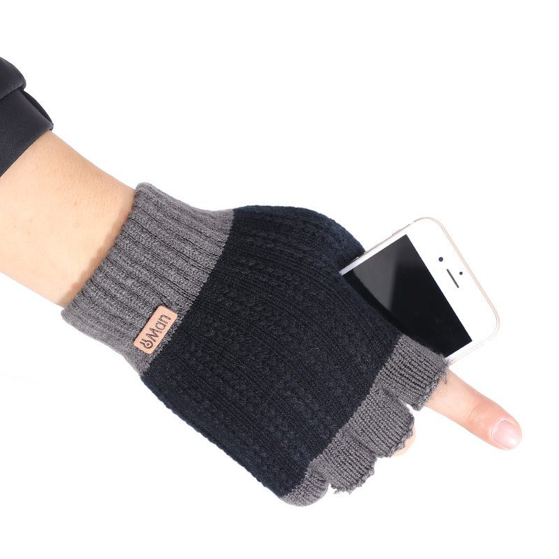 Men&#039;s Half-Finger Gloves Autumn and Winter Warm Boys Student Writing Open Finger Knitted Wool Cold-Proof New