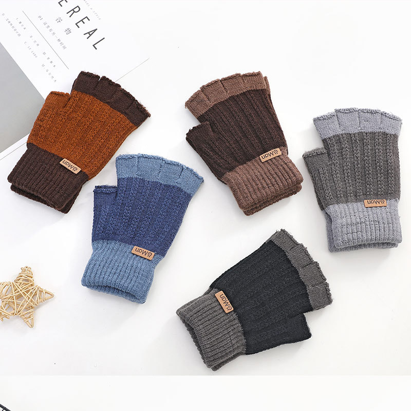 Men&#039;s Half-Finger Gloves Autumn and Winter Warm Boys Student Writing Open Finger Knitted Wool Cold-Proof New