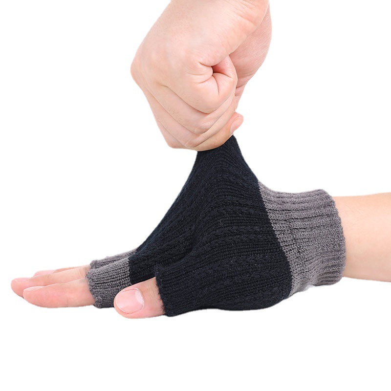 Men&#039;s Half-Finger Gloves Autumn and Winter Warm Boys Student Writing Open Finger Knitted Wool Cold-Proof New