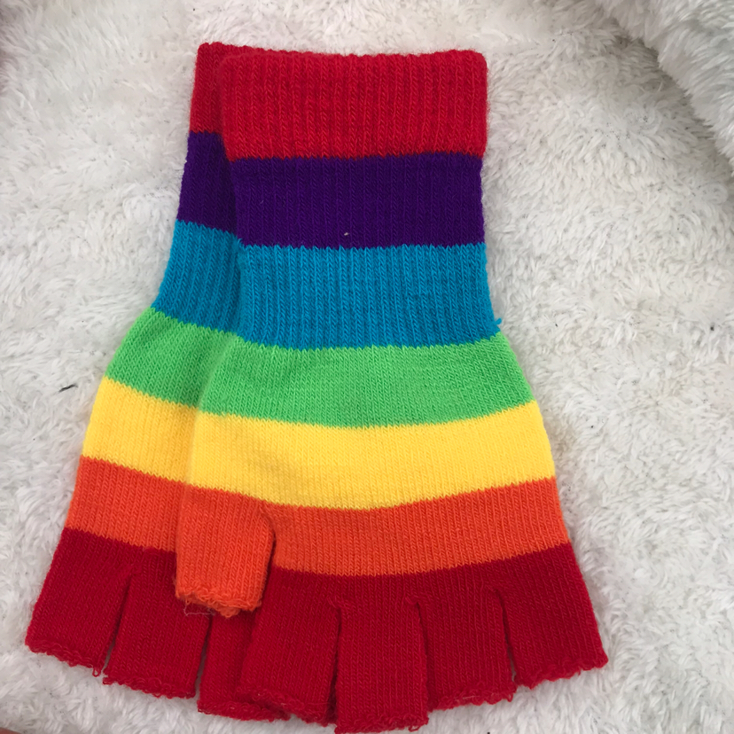 Wholesale custom rainbow multi-color stripe fashion girls with individual character half-finger gloves
