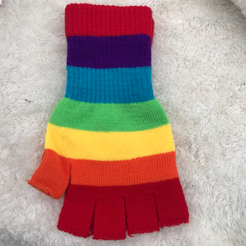 Wholesale custom rainbow multi-color stripe fashion girls with individual character half-finger gloves