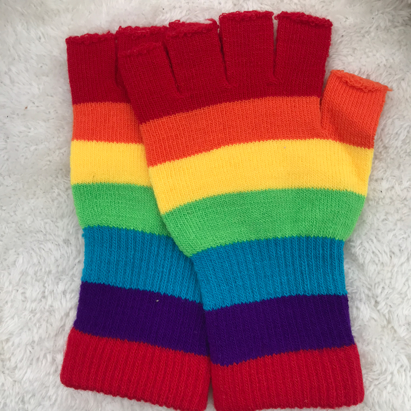 Wholesale custom rainbow multi-color stripe fashion girls with individual character half-finger gloves