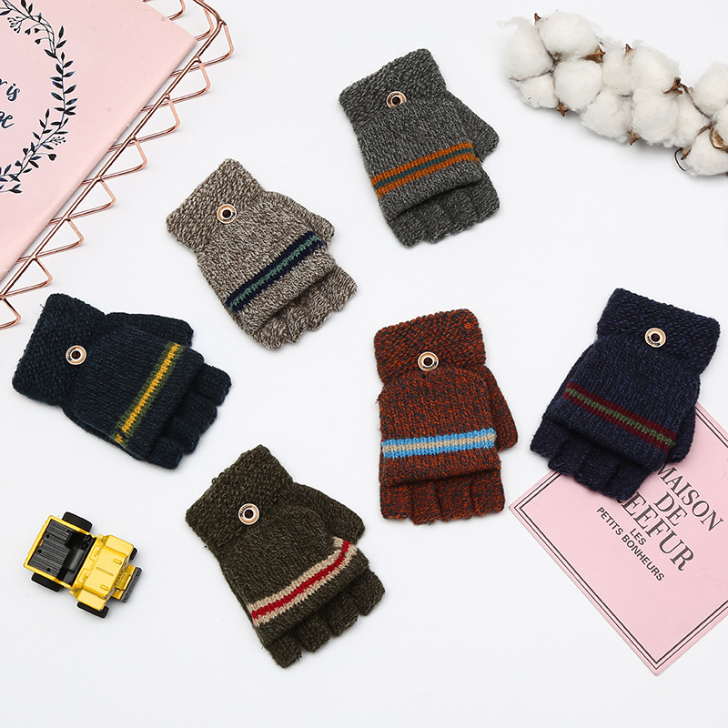 2019 The New Striped Children&#039;s half-finger gloves Boy Autumn/ Winter warm gloves Primary school wool gloves
