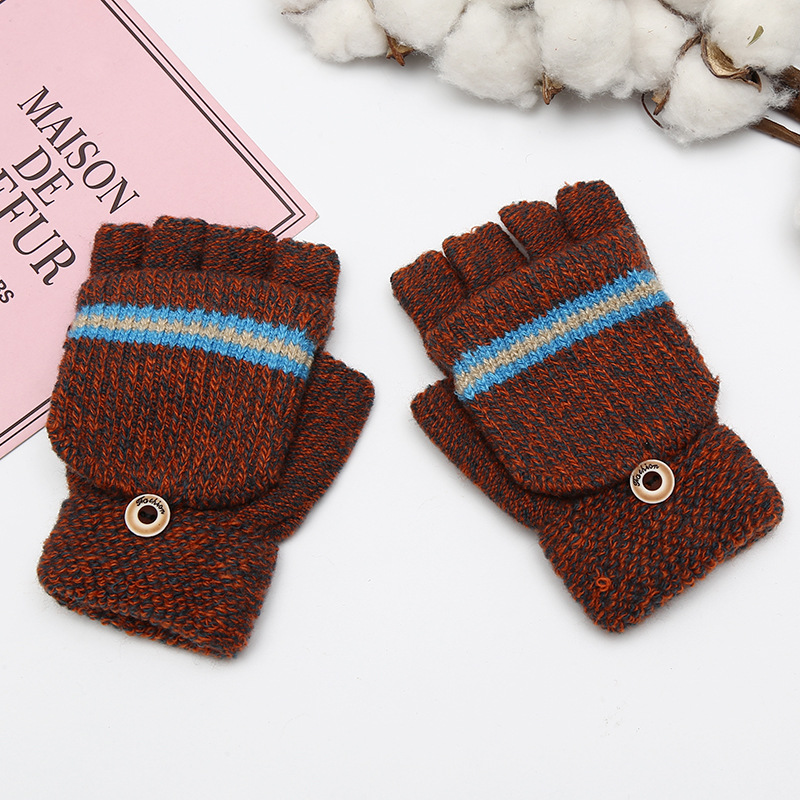 2019 The New Striped Children&#039;s half-finger gloves Boy Autumn/ Winter warm gloves Primary school wool gloves