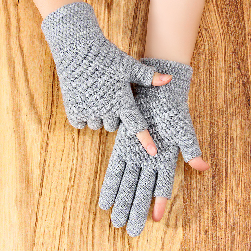Half-Finger Gloves Women&#039;s Winter Warm Thickened Knitting Wool Leakage Two-Finger Writing Learning to Play Mobile Phone Foreign Trade Gloves Wholesale