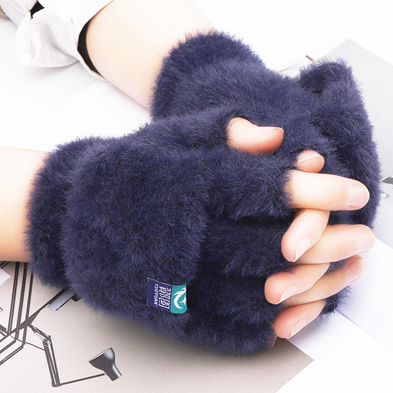 Winter Warm Student Exposed Finger Flip Gloves Outdoor Gloves Thickened Cold Protection Internet Hot Half-finger Gloves