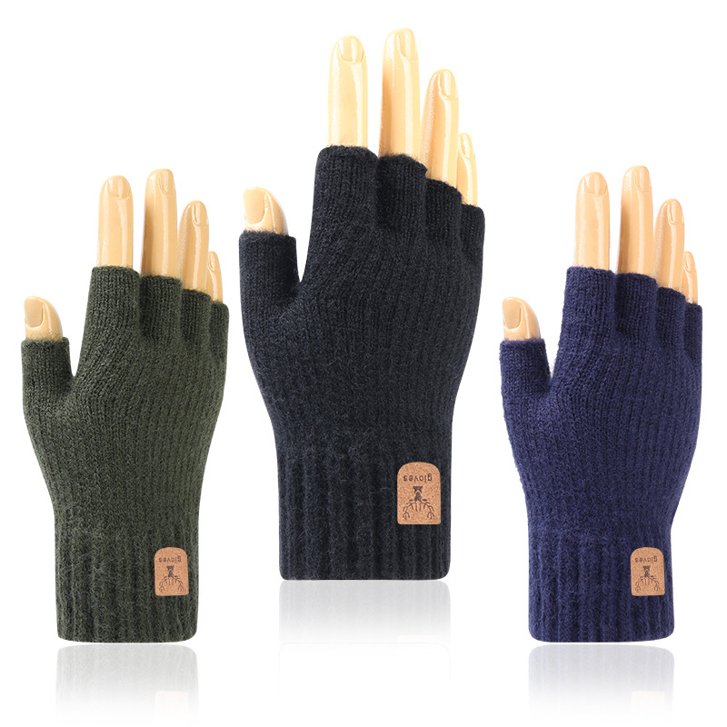Proof Half Finger Adult Gloves Autumn and Winter Fleece-Lined Thickened Wool Knitted Gloves Wholesale Half-finger Gloves