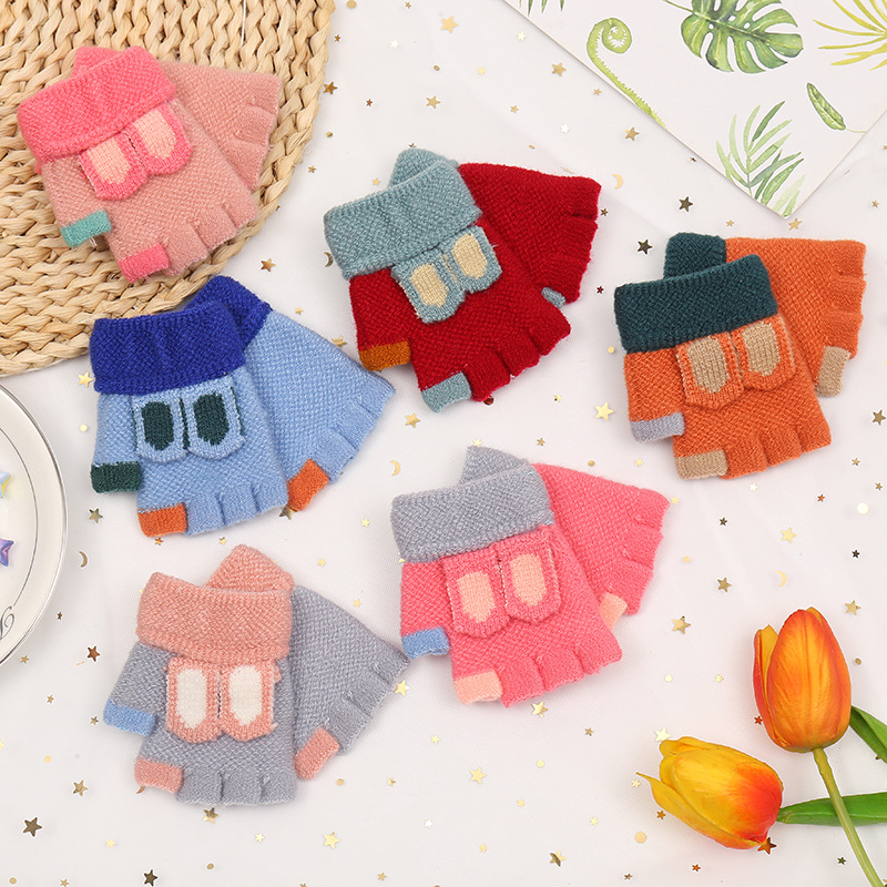 Foreign Trade winter Children&#039;s half-finger knitted gloves warm gloves Rabbit ears Pattern imitation cashmere gloves for boys and girls