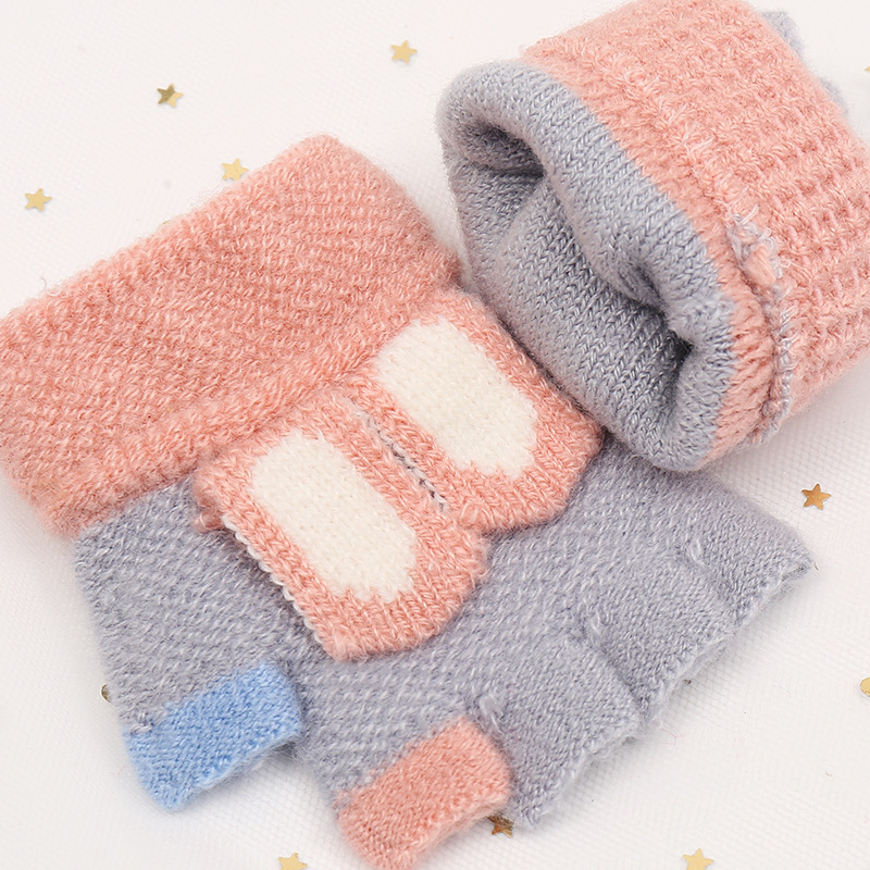 Foreign Trade winter Children&#039;s half-finger knitted gloves warm gloves Rabbit ears Pattern imitation cashmere gloves for boys and girls