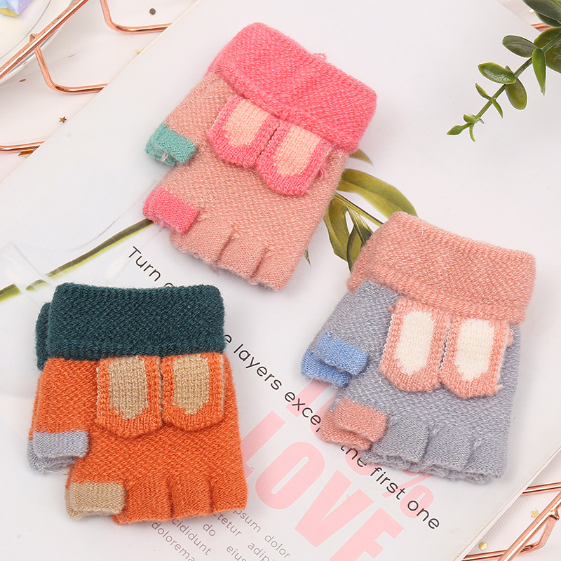 Foreign Trade winter Children&#039;s half-finger knitted gloves warm gloves Rabbit ears Pattern imitation cashmere gloves for boys and girls