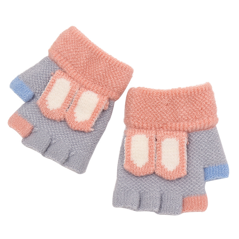 Foreign Trade winter Children&#039;s half-finger knitted gloves warm gloves Rabbit ears Pattern imitation cashmere gloves for boys and girls