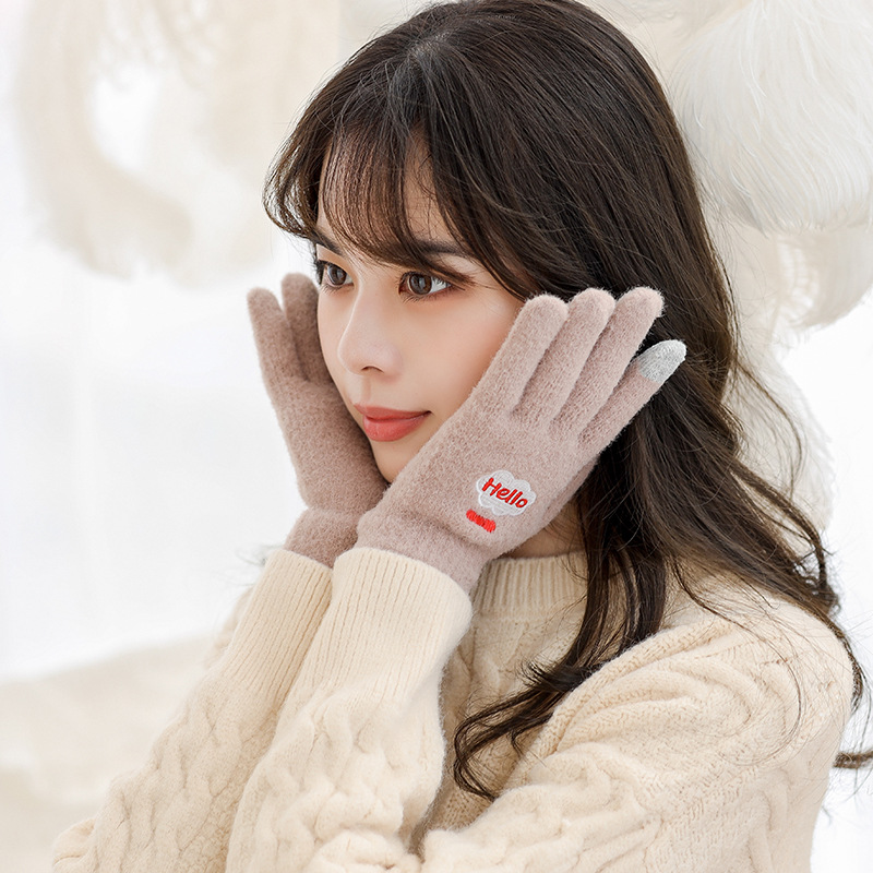 Winter Women&#039;s Warm Japanese-Style Gloves Cutie Cute Korean-Style Student Cartoon Five-Finger Fleece-Lined Touch Screen Knitted Knitting Wool Gloves