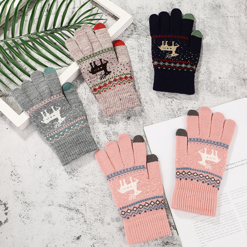 Factory Wholesale Deer Style Knitted Touch-Screen Gloves Autumn and Winter Warm with Velvet Couple Knitting Wool Gloves Delivery