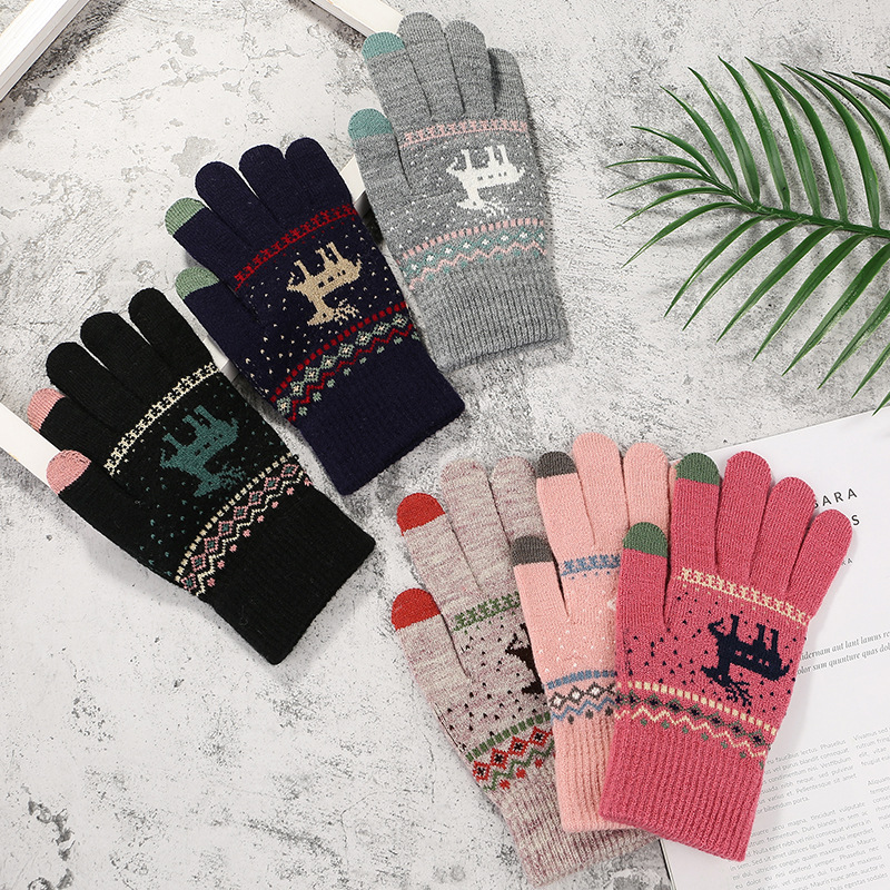 Factory Wholesale Deer Style Knitted Touch-Screen Gloves Autumn and Winter Warm with Velvet Couple Knitting Wool Gloves Delivery
