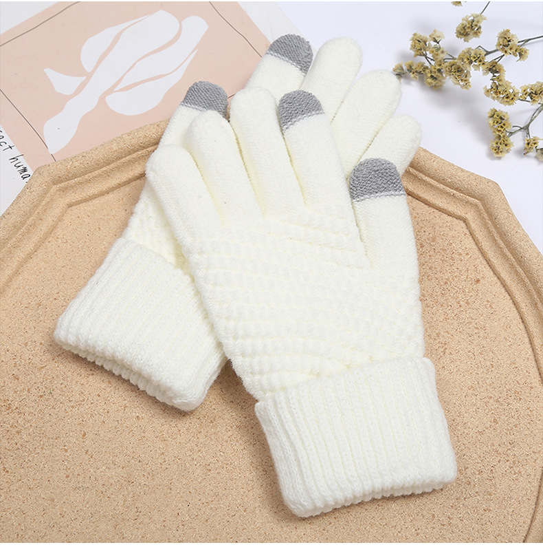 -Lined Thickened Korean Style Cold-Proof Cute Riding Touch Screen Warm Wool Knitted Gloves Wholesale Knitting Gloves